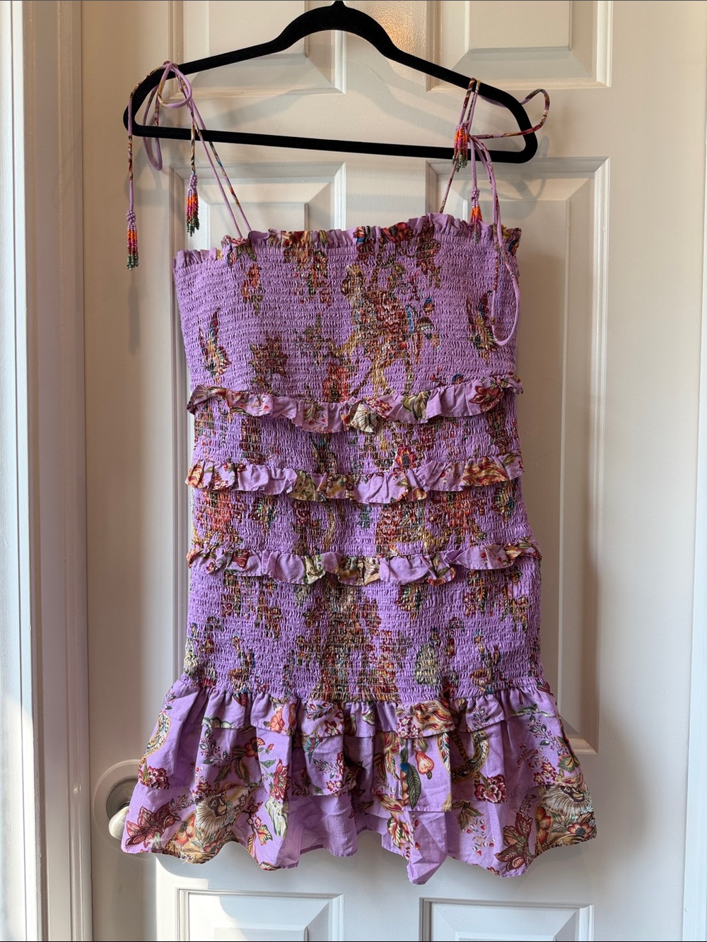 FARM Rio Lavender Floral Smocked Mini Dress Beaded Tie Straps Ruffle Boho purple - Picture 2 of 8